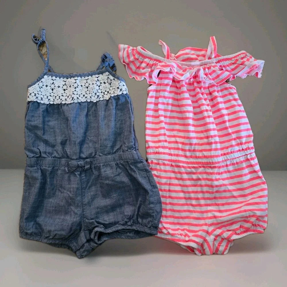 OshKosh B'Gosh Chambray Romper and Pink Shoulder Striped Romper Sz 24m